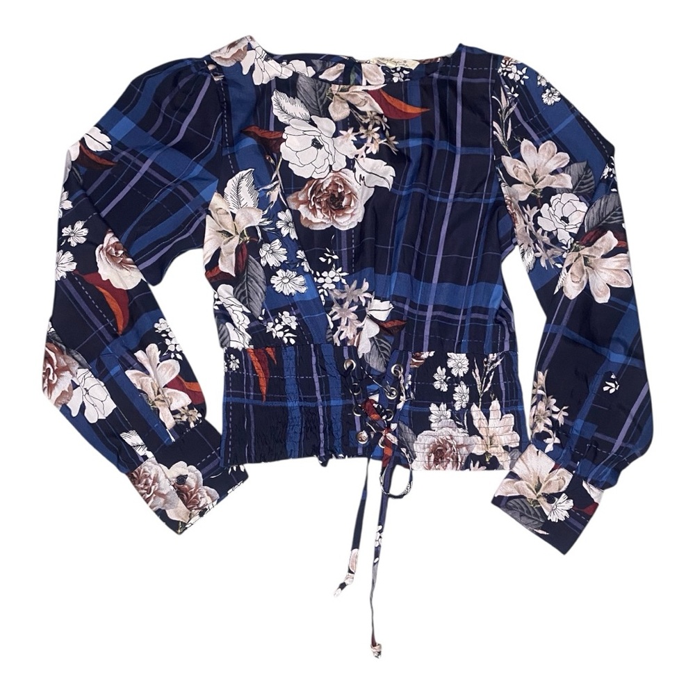 Indulge Women's Feminine Floral Navy Blouse with Lace-Up Detail